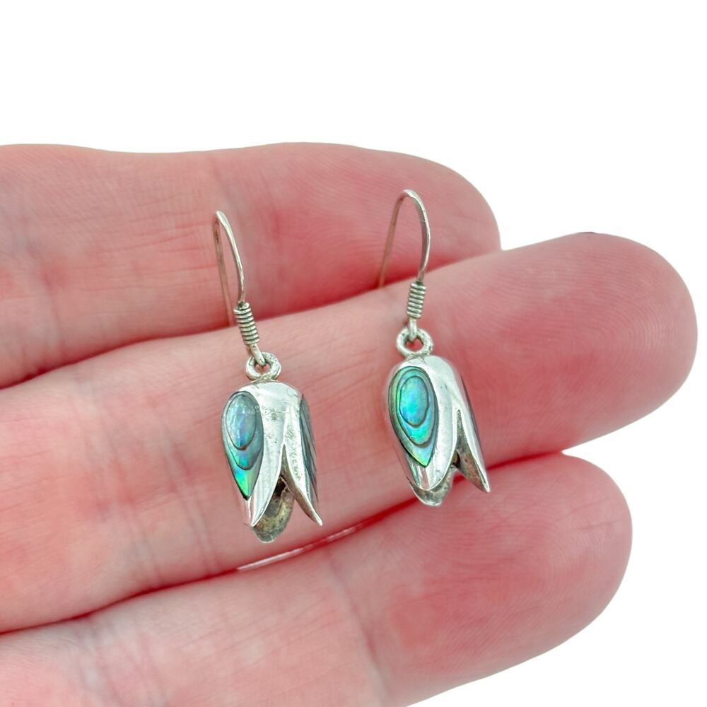 Vintage Sterling Silver 925 Abalone Tulip Dangle Earrings